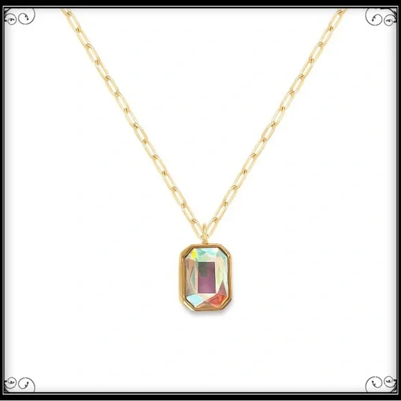 14k Gold Aurora Borealis Prism Emerald Cut Crystal Minimalist Paperclip Necklace - Picture 7 of 9